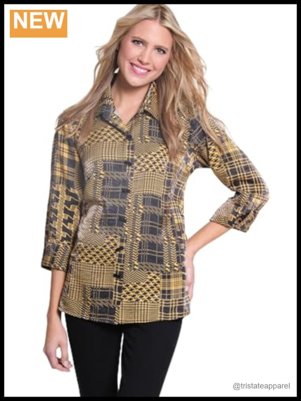 Women's Turn-up Cuff Three Quarter Sleeve Button Front Back Hi-Lo Blouse